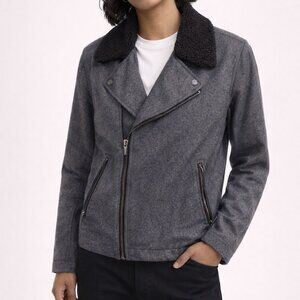 H&M Biker Style Wool-Blend Coat with Faux Shearling Collar – Size 40R